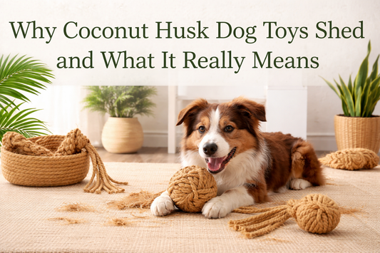 Coconut husk dog toys shedding natural plant fibers during supervised indoor play with Australian Shepherd