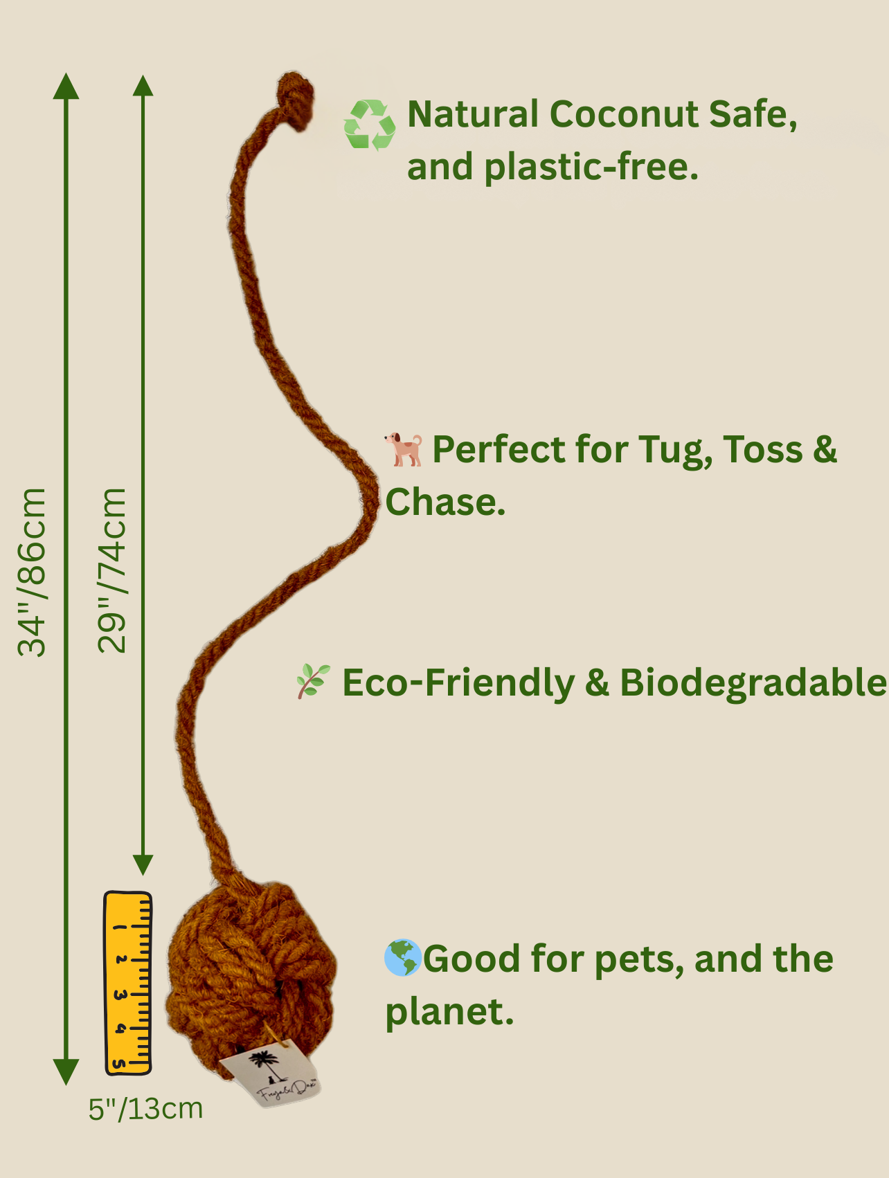 Eco-friendly extra-long dog rope toy made from 100% natural coconut husk, featuring a knotted ball end and 34-inch length. Biodegradable, plastic-free, and safe for dental health—perfect for tug, toss, and interactive play.