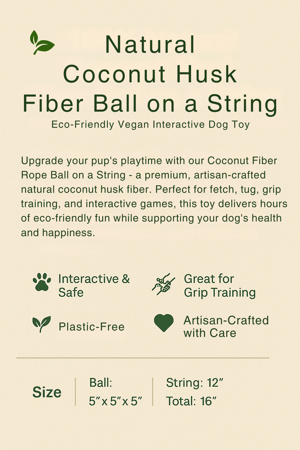 Sustainable extra-long coconut husk rope dog toy with knotted ball end, measuring 34 inches. Made from biodegradable, plastic-free materials. Ideal for tug, toss, and chase games—safe for pets and great for eco-conscious dog owners.